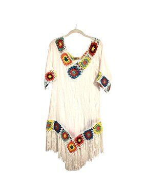 Jessica Taylor NYC Granny Square Crochet Fringe Boho Bohemian Hippie Cover-up